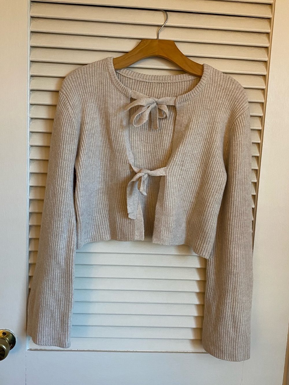 SHEIN Ribbed Tie-Front Cropped Cardigan - Beige